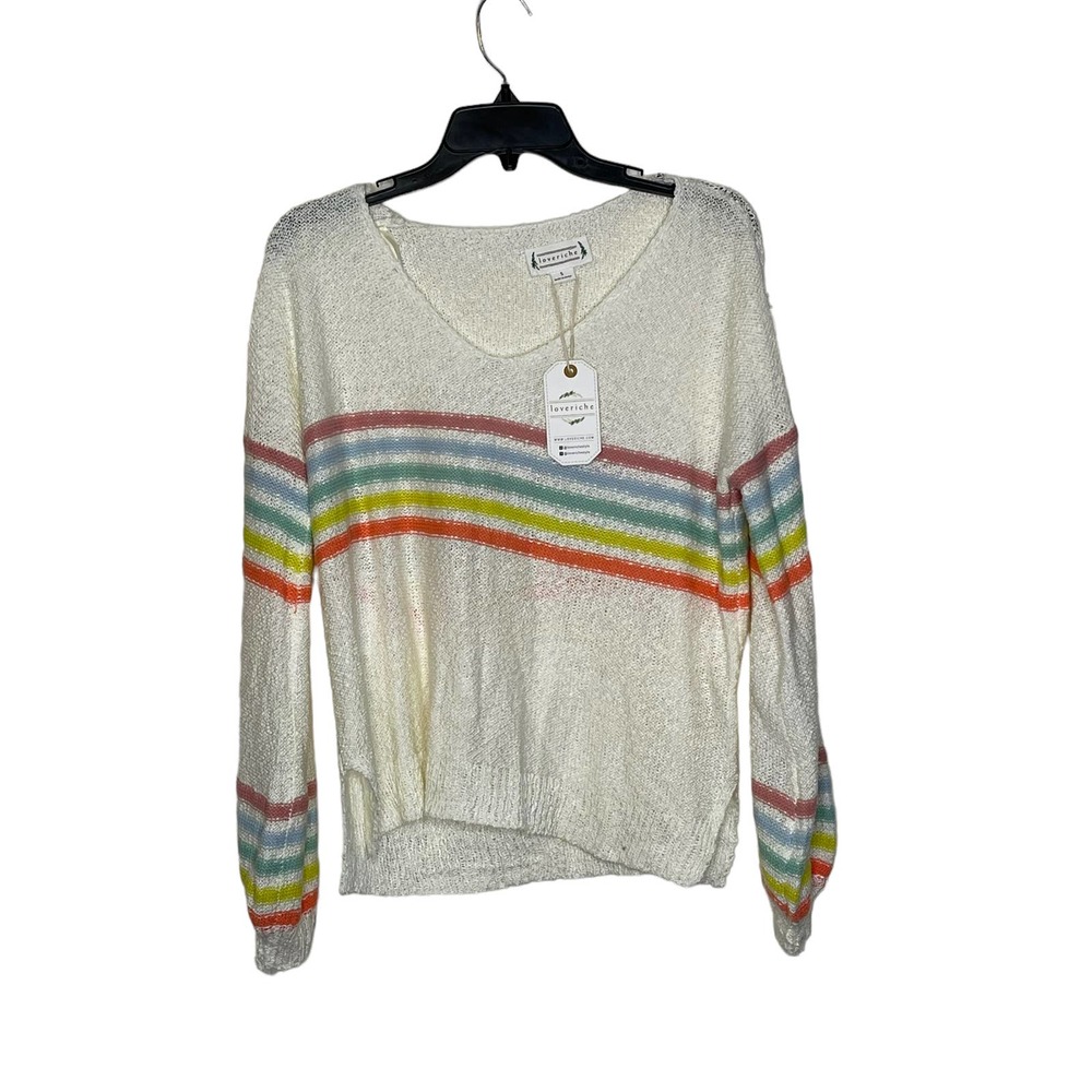 Loveriche Sweater Size Small Cream Multi Color Stripes Acrylic Blend Womens Knit